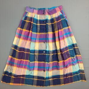 New Mints Colorful Plaid Midi Skirt Button Front Elastic Waist Vintage